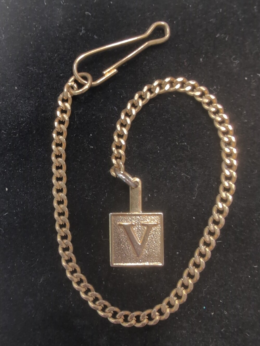 Vintage Gold Tone Pocket Watch Curb Link Chain W/ Initial V